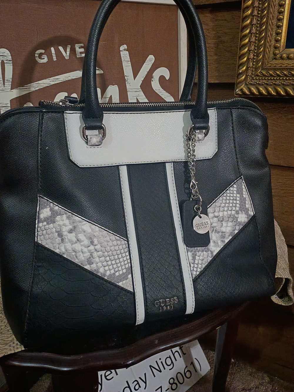 GUESS Black and White Textured Satchel with Chain Charm